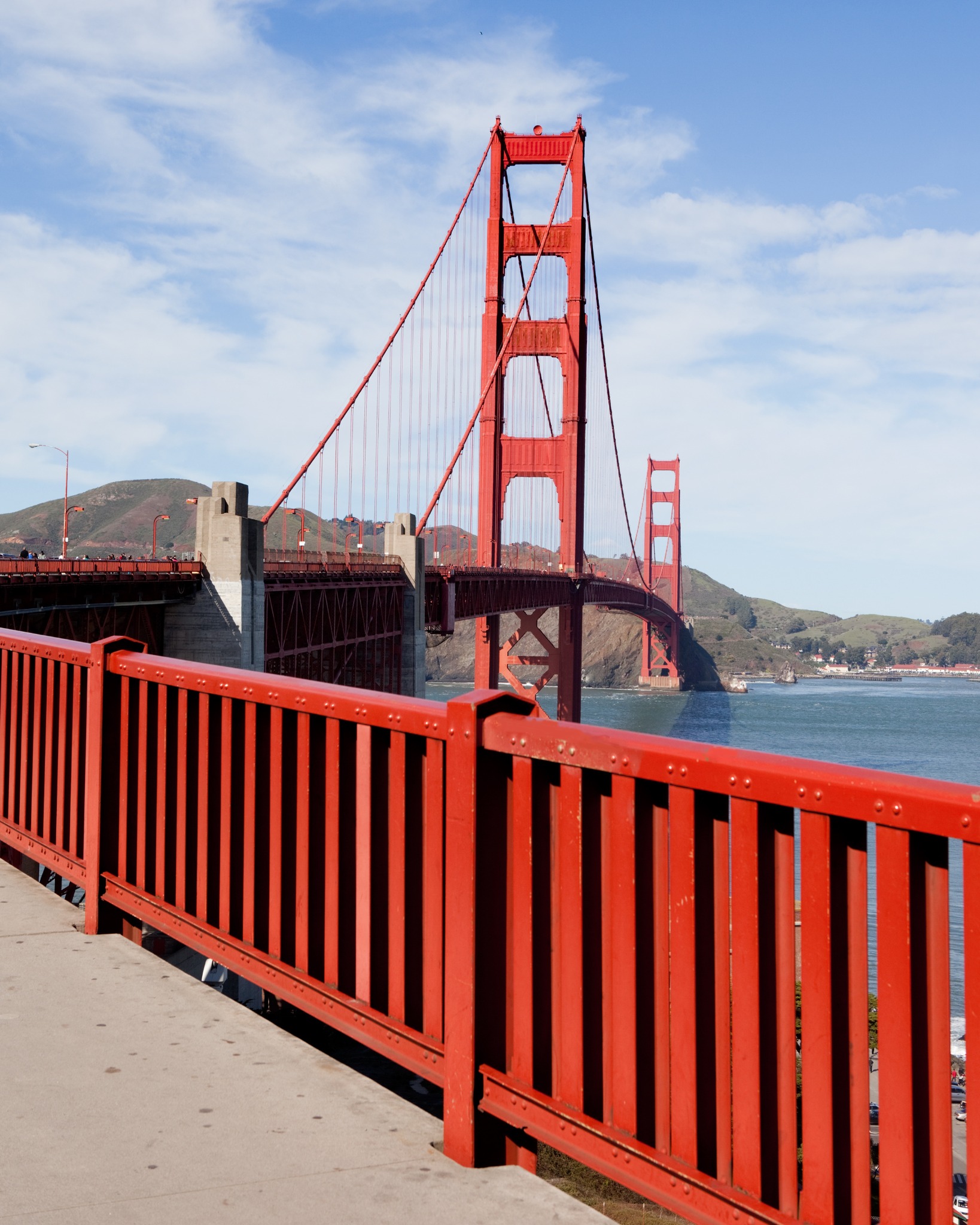 Golden Gate Bridge pedestrian handrail with the bridge beyond
