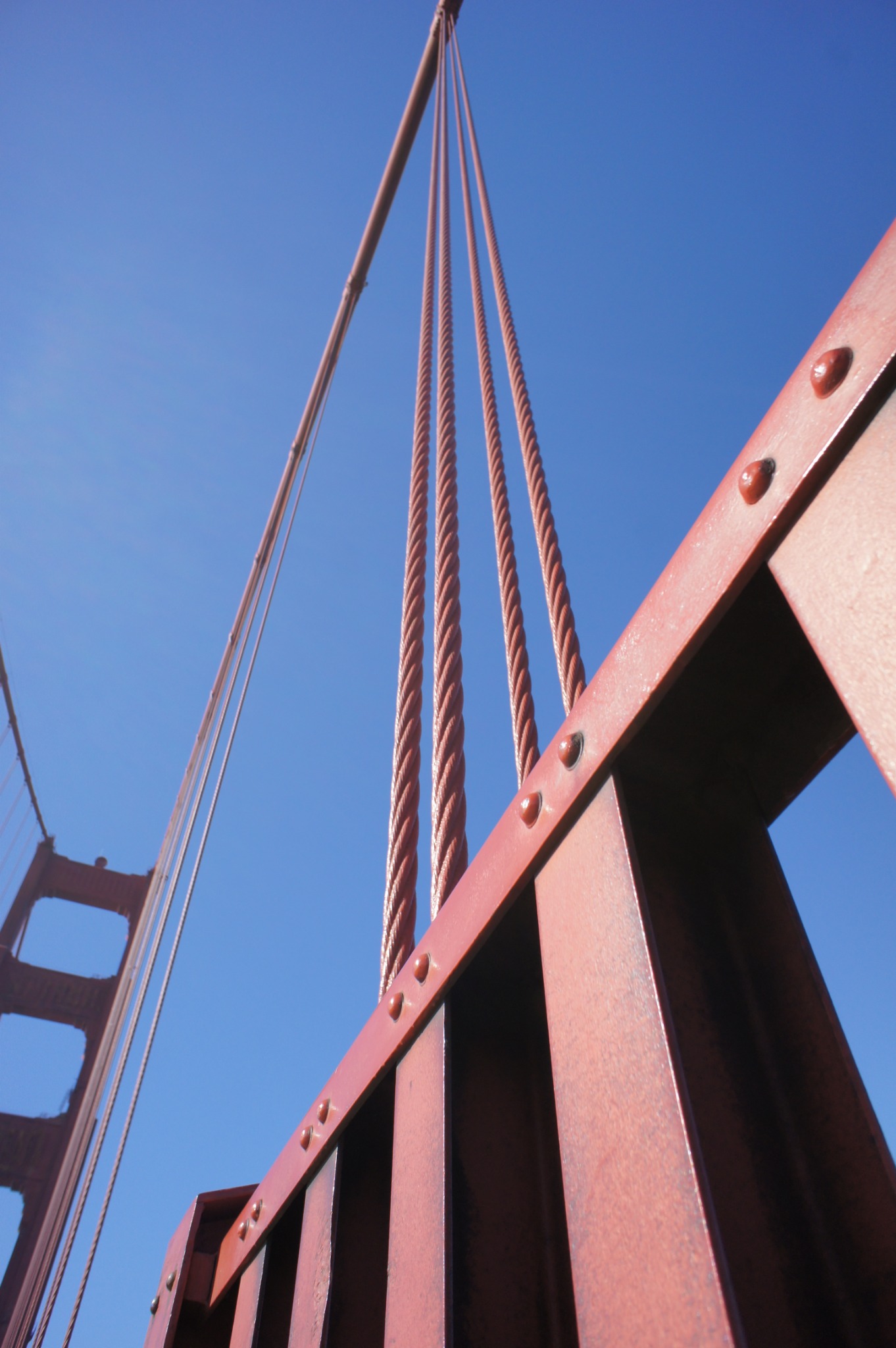 Looking upward along the Golden Gate Bridge handrail and suspension cables