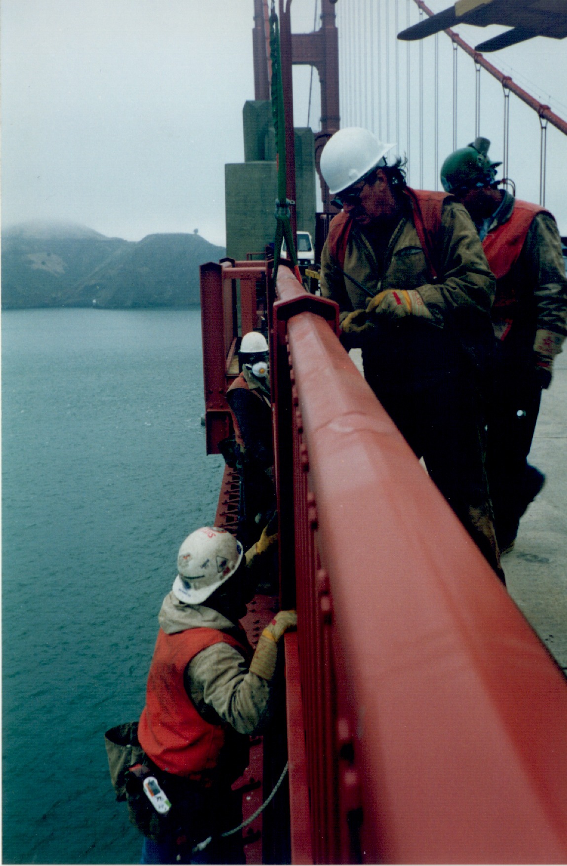 Workers on the Golden Gate Bridge during the 1993 handrail replacement