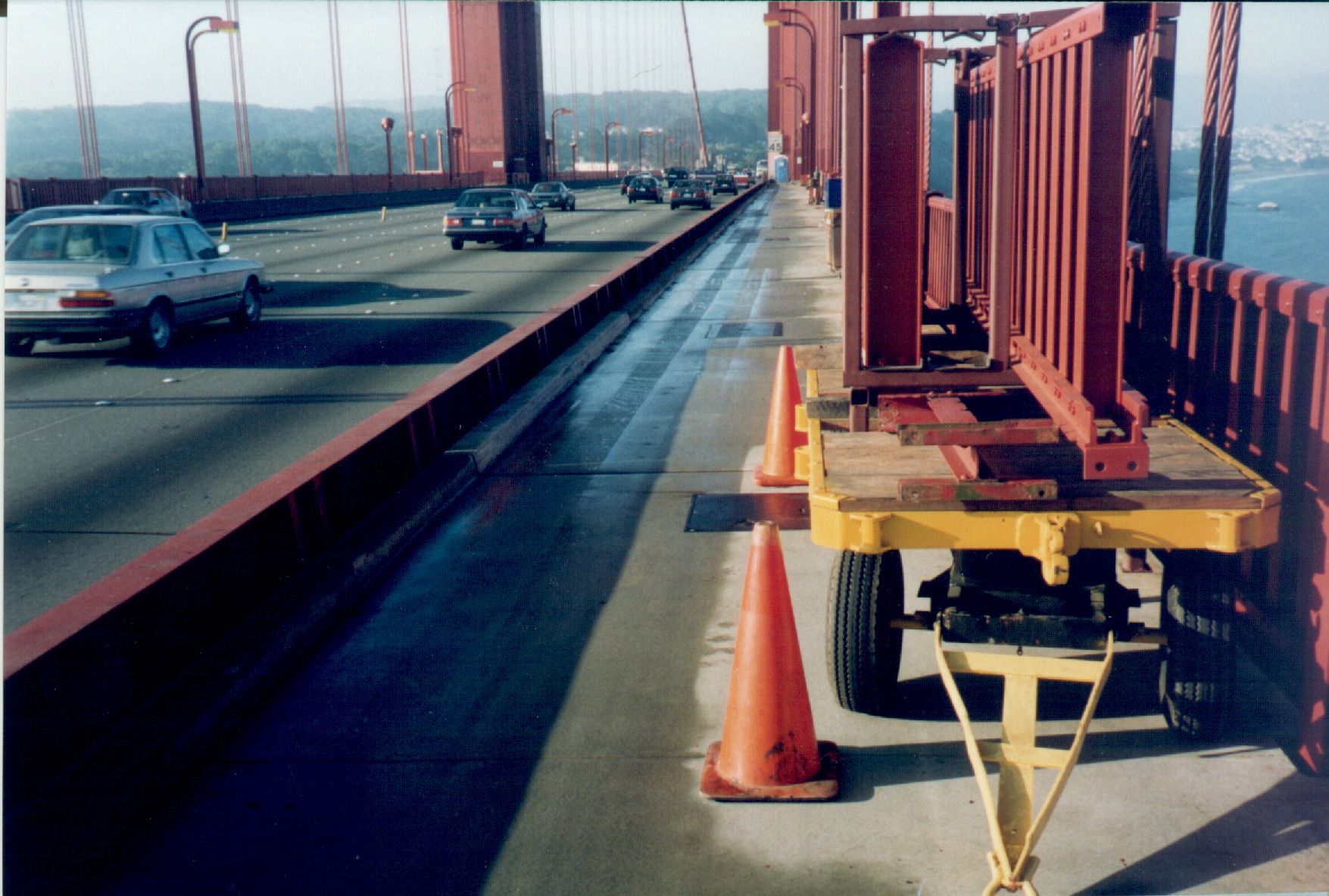 Removed Golden Gate Bridge handrail sections on a trailer